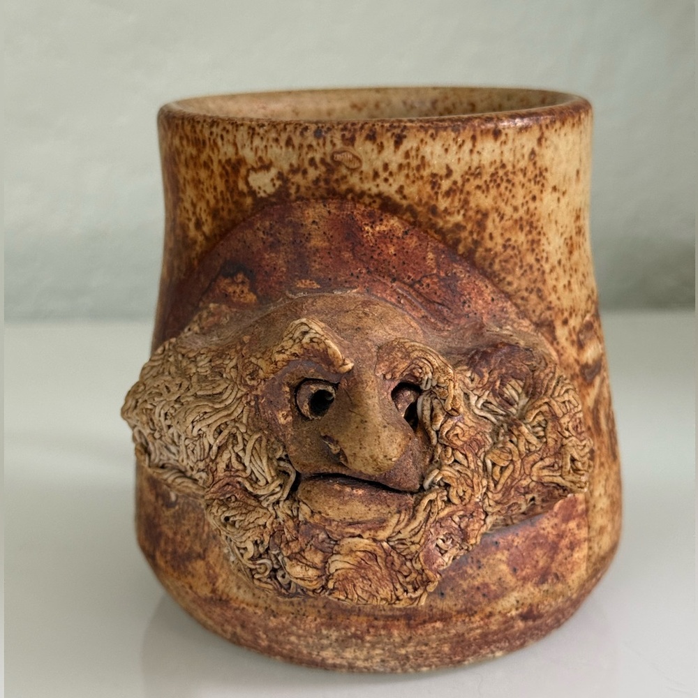 Vintage Handcrafted  Ceramic Mug with Face Design with signature - Brown